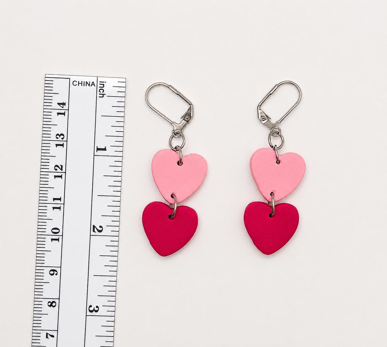 Pink Hot Pink Heart Dangle Earrings | Polymer Clay, Stainless Steel, Handmade Jewelry