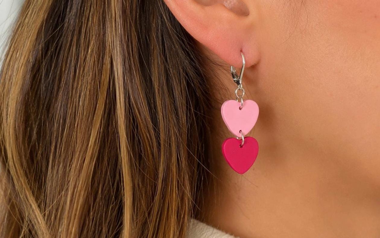Pink Hot Pink Heart Dangle Earrings | Polymer Clay, Stainless Steel, Handmade Jewelry
