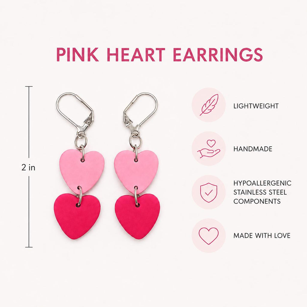 Pink Hot Pink Heart Dangle Earrings | Polymer Clay, Stainless Steel, Handmade Jewelry