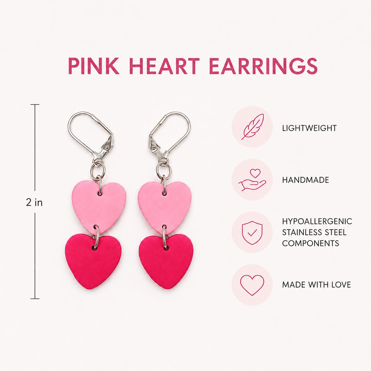 Pink Hot Pink Heart Dangle Earrings | Polymer Clay, Stainless Steel, Handmade Jewelry
