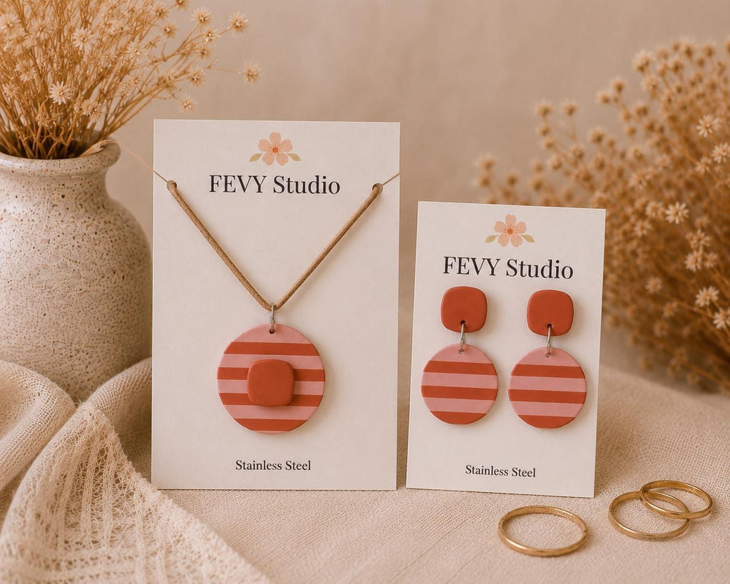 Boho Clay Jewelry Set • Striped Polymer Clay Earrings & Pendant Necklace • Terracotta Pink Statement Jewelry • Handmade Matching Set