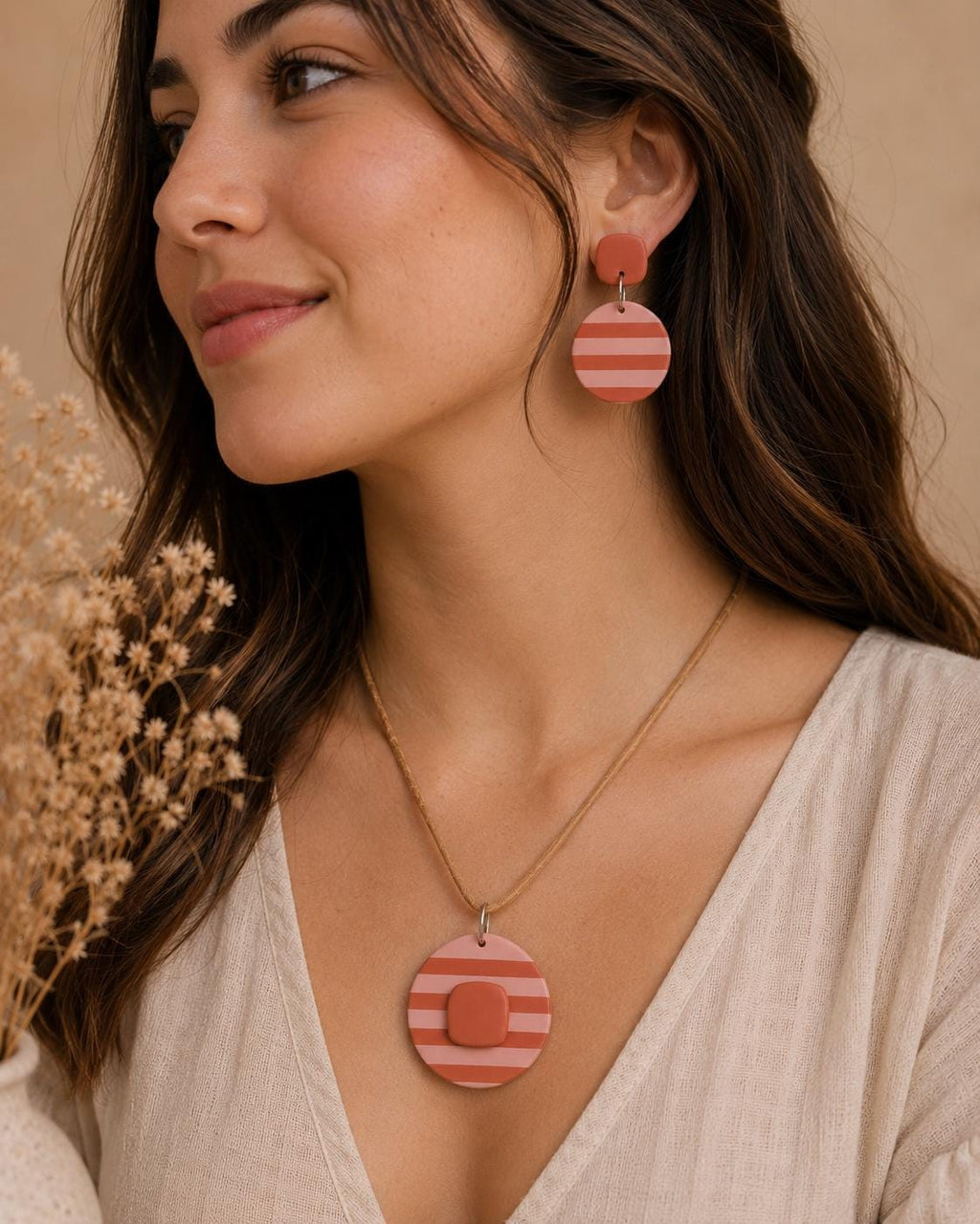 Boho Clay Jewelry Set • Striped Polymer Clay Earrings & Pendant Necklace • Terracotta Pink Statement Jewelry • Handmade Matching Set
