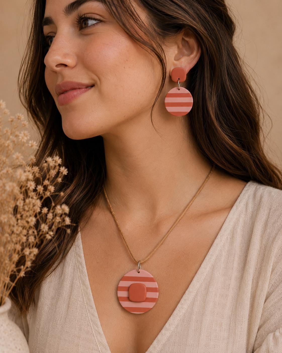 Boho Clay Jewelry Set • Striped Polymer Clay Earrings & Pendant Necklace • Terracotta Pink Statement Jewelry • Handmade Matching Set