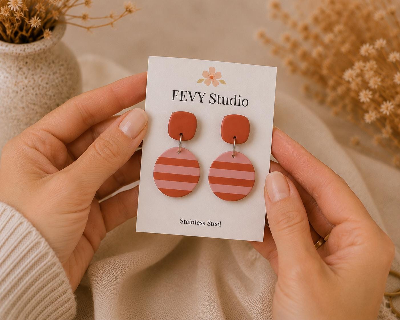 Boho Clay Jewelry Set • Striped Polymer Clay Earrings & Pendant Necklace • Terracotta Pink Statement Jewelry • Handmade Matching Set