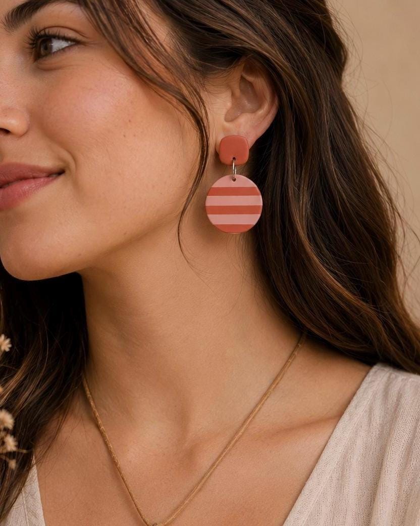Boho Terracotta Pink Striped Polymer Clay Earrings | Lightweight Statement Handmade Jewelry