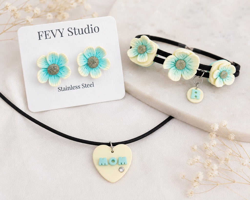 Handmade Polymer Clay Flower Jewelry Set, Personalized Necklace Earrings Bracelet