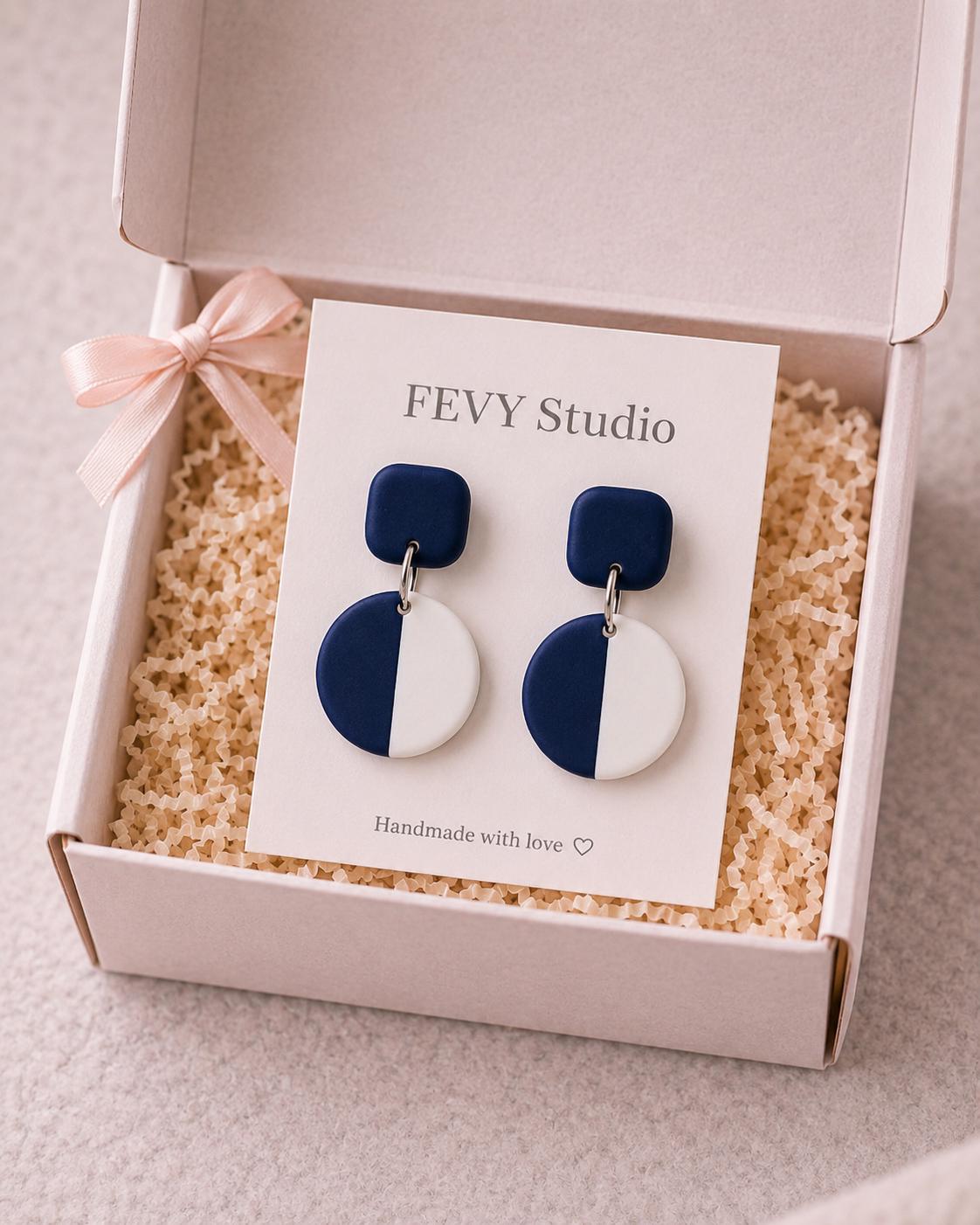 Navy Blue White Geometric Clay Earrings | Minimalist Modern Statement Dangles