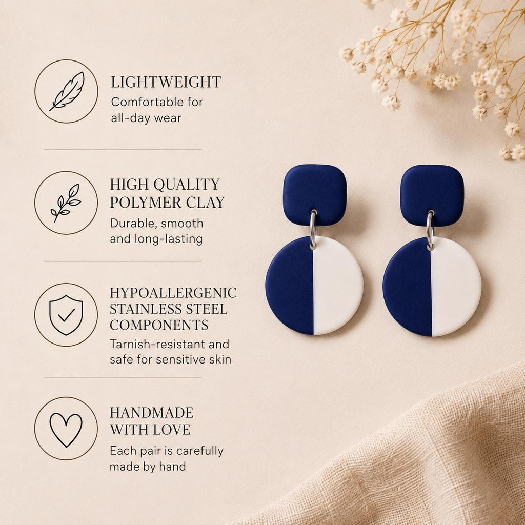 Navy Blue White Geometric Clay Earrings | Minimalist Modern Statement Dangles