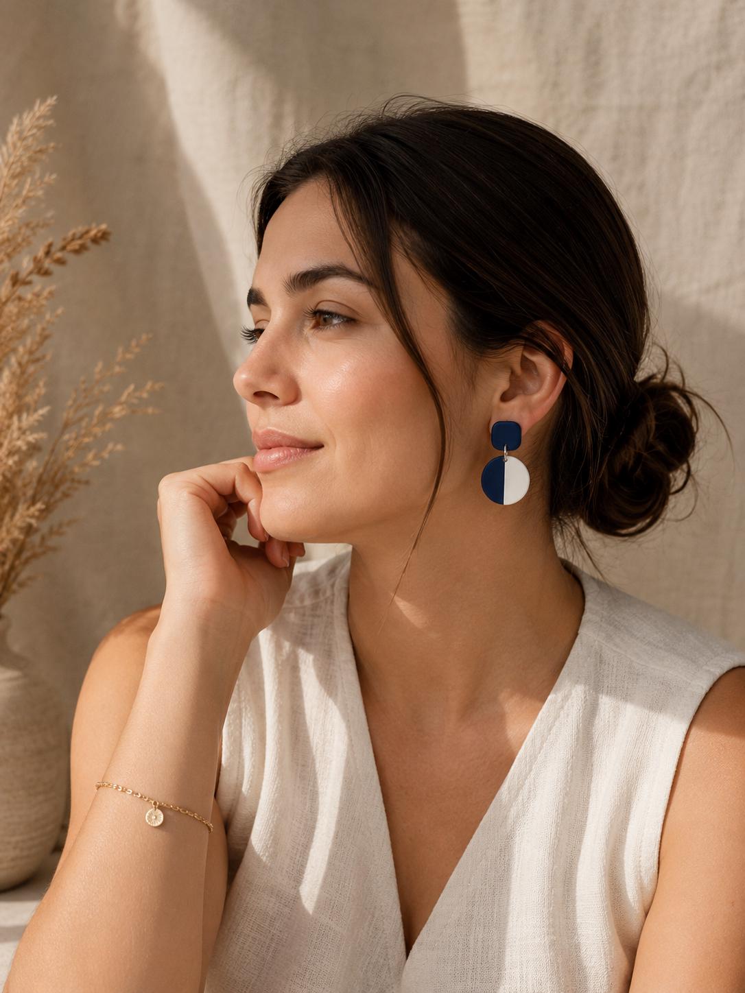 Navy Blue White Geometric Clay Earrings | Minimalist Modern Statement Dangles