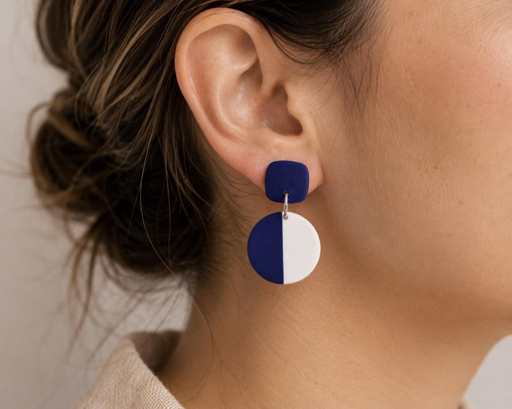 Navy Blue White Geometric Clay Earrings | Minimalist Modern Statement Dangles