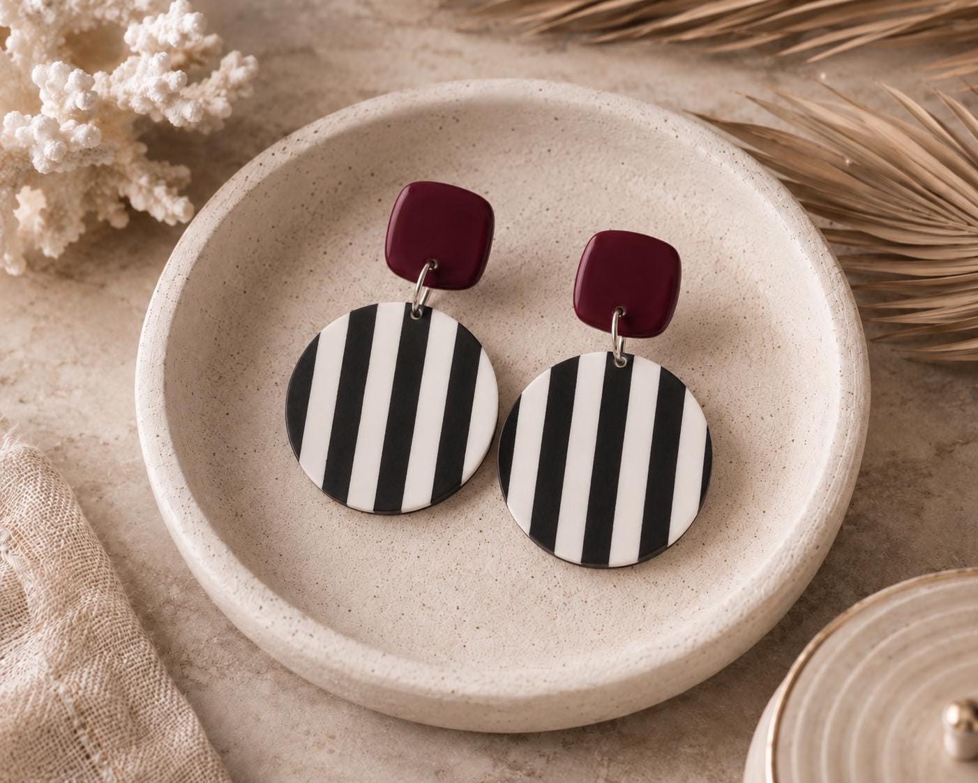 Burgundy Black Stripe Polymer Clay Earrings | Modern Dangle Statement Jewelry