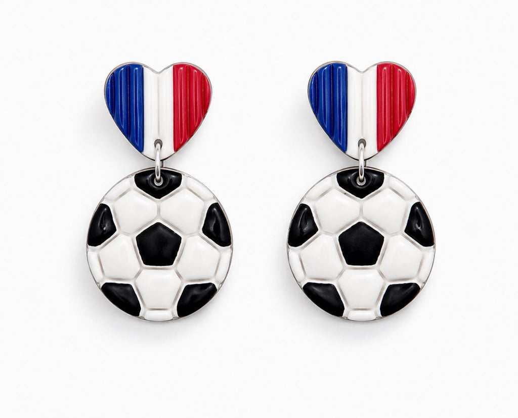 France Soccer Earrings – French Flag Heart Earrings with Soccer Ball Charm – Handmade Polymer Clay Fan Earrings – Lightweight Statement
