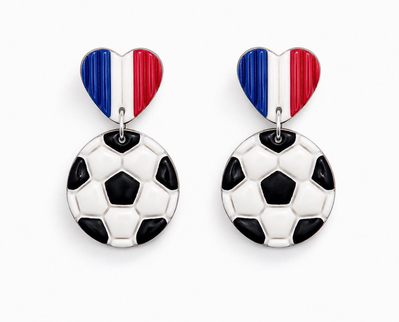 France Soccer Earrings – French Flag Heart Earrings with Soccer Ball Charm – Handmade Polymer Clay Fan Earrings – Lightweight Statement
