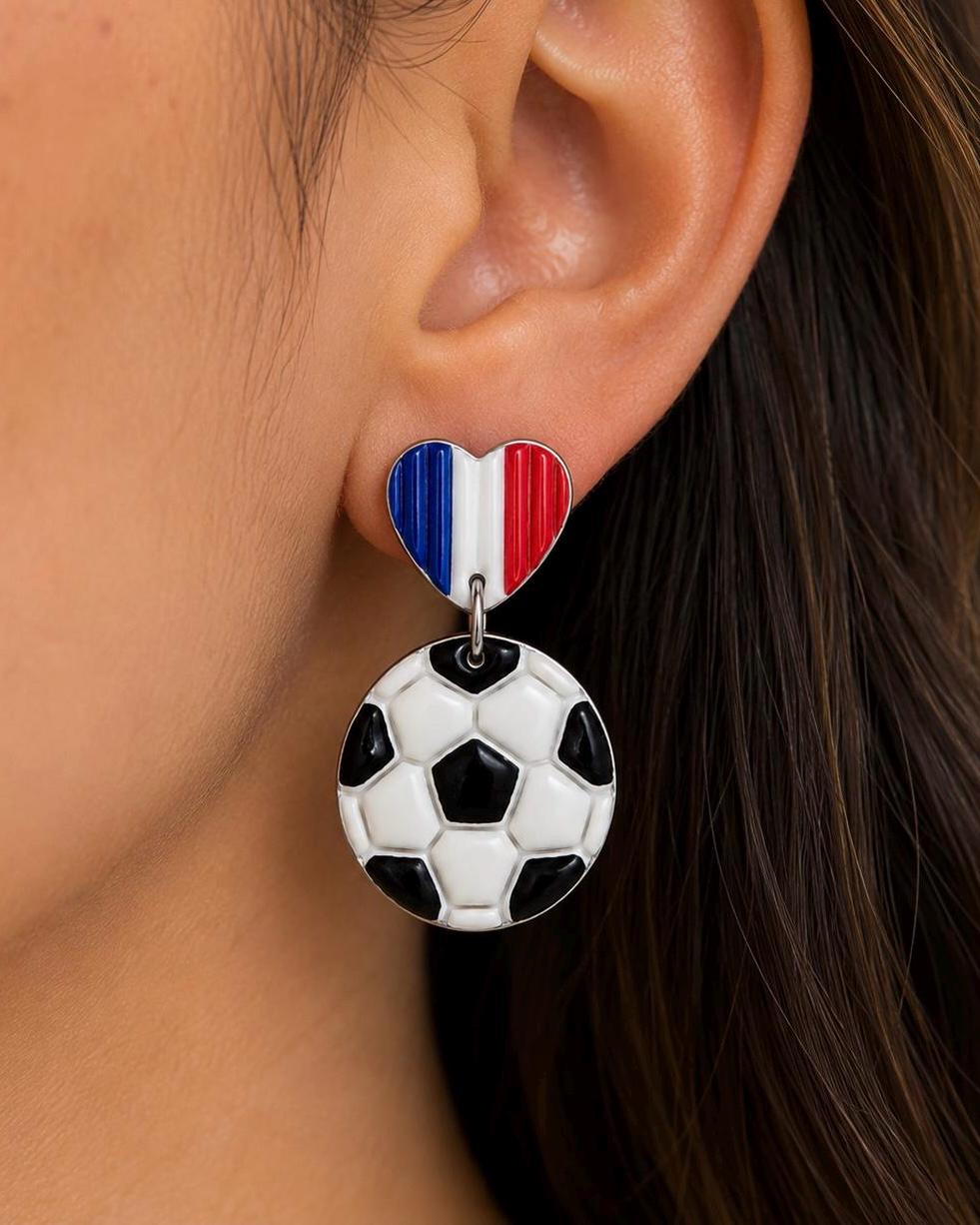 France Soccer Earrings – French Flag Heart Earrings with Soccer Ball Charm – Handmade Polymer Clay Fan Earrings – Lightweight Statement