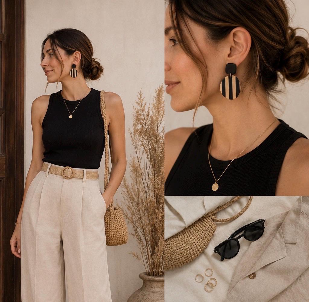 Black & Beige Stripe Dangle Earrings, Handmade Polymer Clay Earrings, Minimalist Statement Earrings, Boho Gift for Her, Stainless Steel