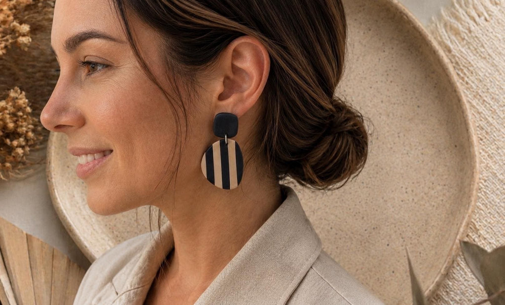 Black & Beige Stripe Dangle Earrings, Handmade Polymer Clay Earrings, Minimalist Statement Earrings, Boho Gift for Her, Stainless Steel