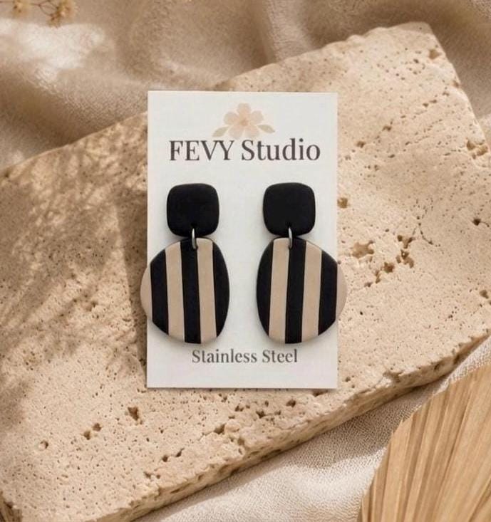 Black & Beige Stripe Dangle Earrings, Handmade Polymer Clay Earrings, Minimalist Statement Earrings, Boho Gift for Her, Stainless Steel