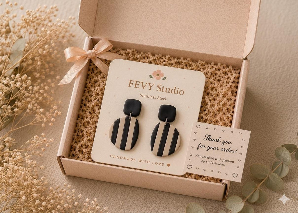 Black Beige Striped Polymer Clay Earrings, Neutral Statement Earrings, Modern Minimalist Dangle Earrings, Lightweight Boho Jewelry Gift