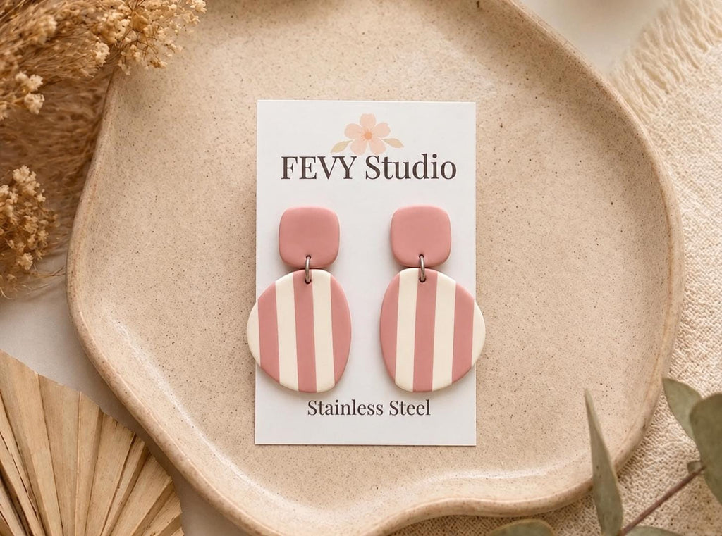 Pink Ivory Stripe Polymer Clay Earrings | Lightweight Statement Minimalist Jewelry