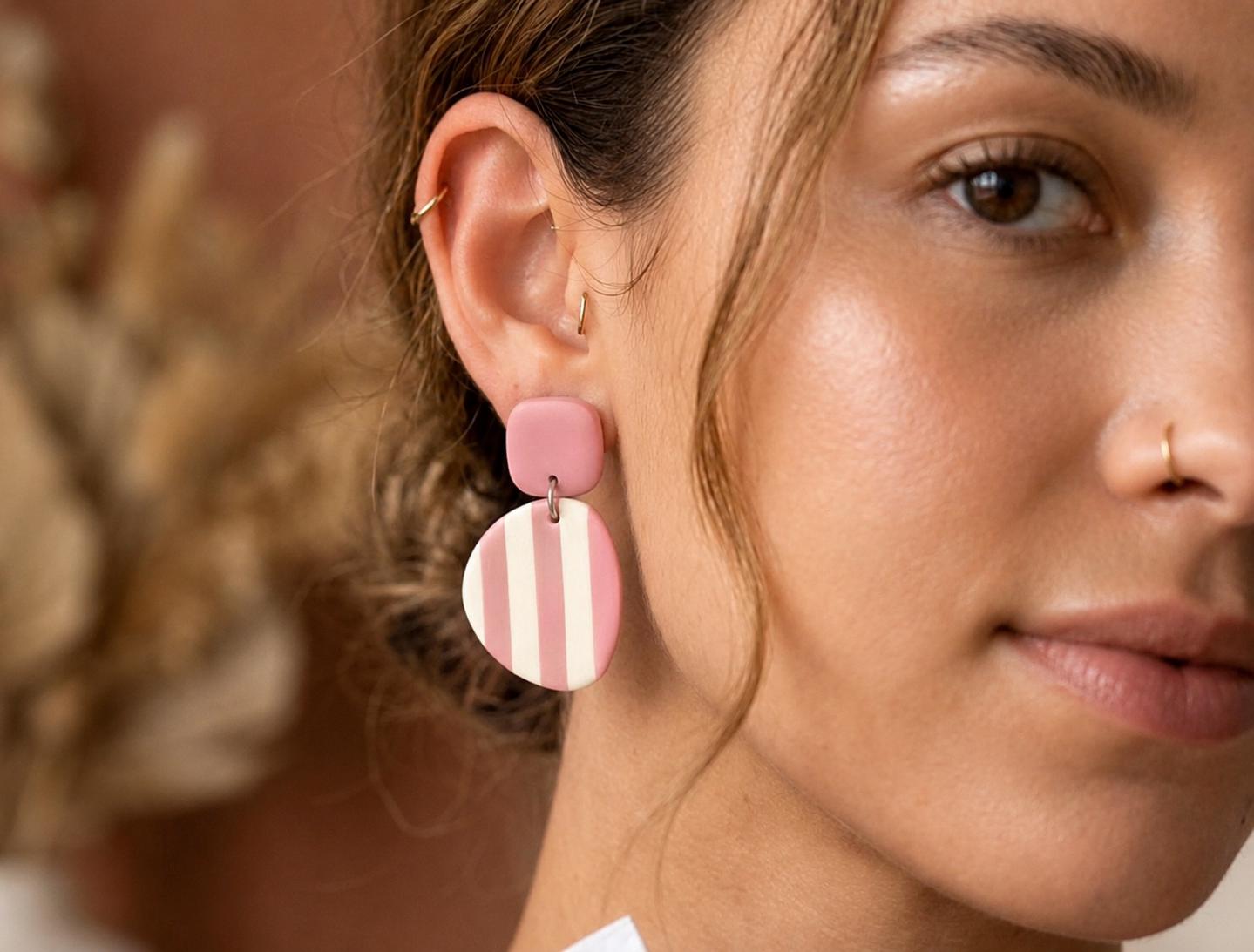 Pink Ivory Stripe Polymer Clay Earrings | Lightweight Statement Minimalist Jewelry