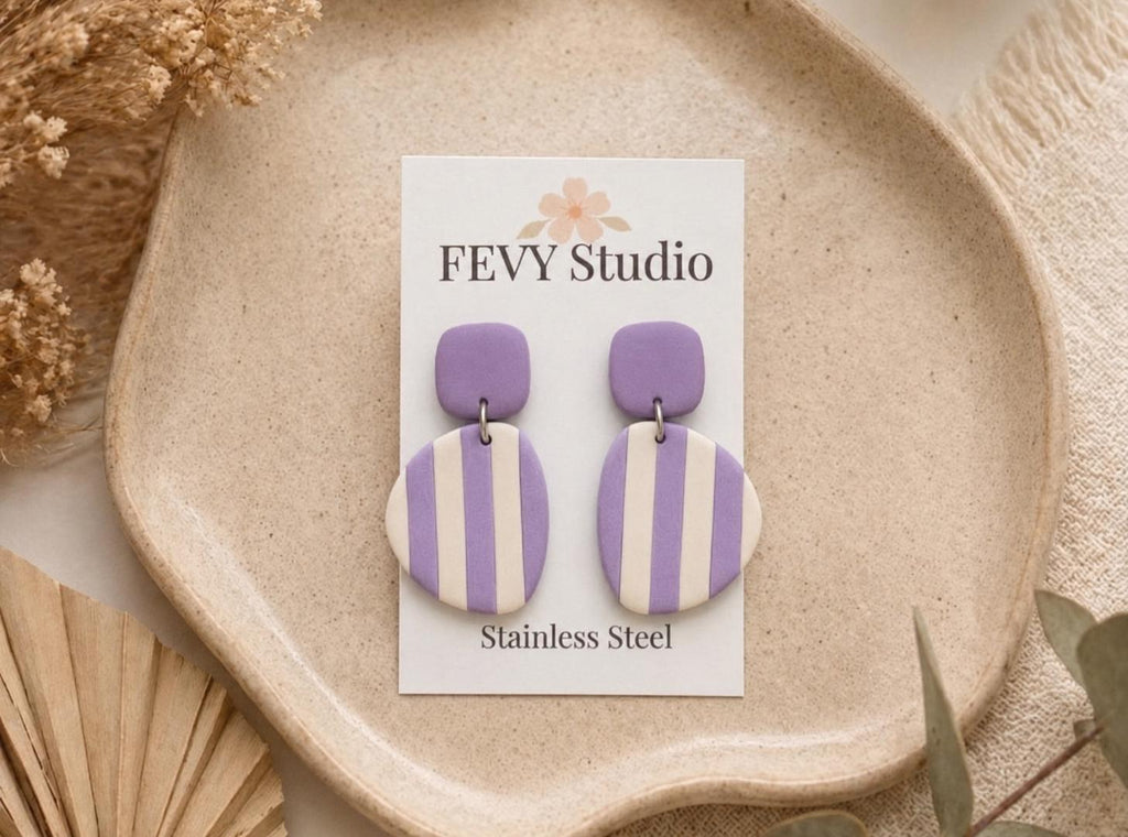 Lavender Stripe Polymer Clay Earrings | Lightweight Modern Dangle Jewelry