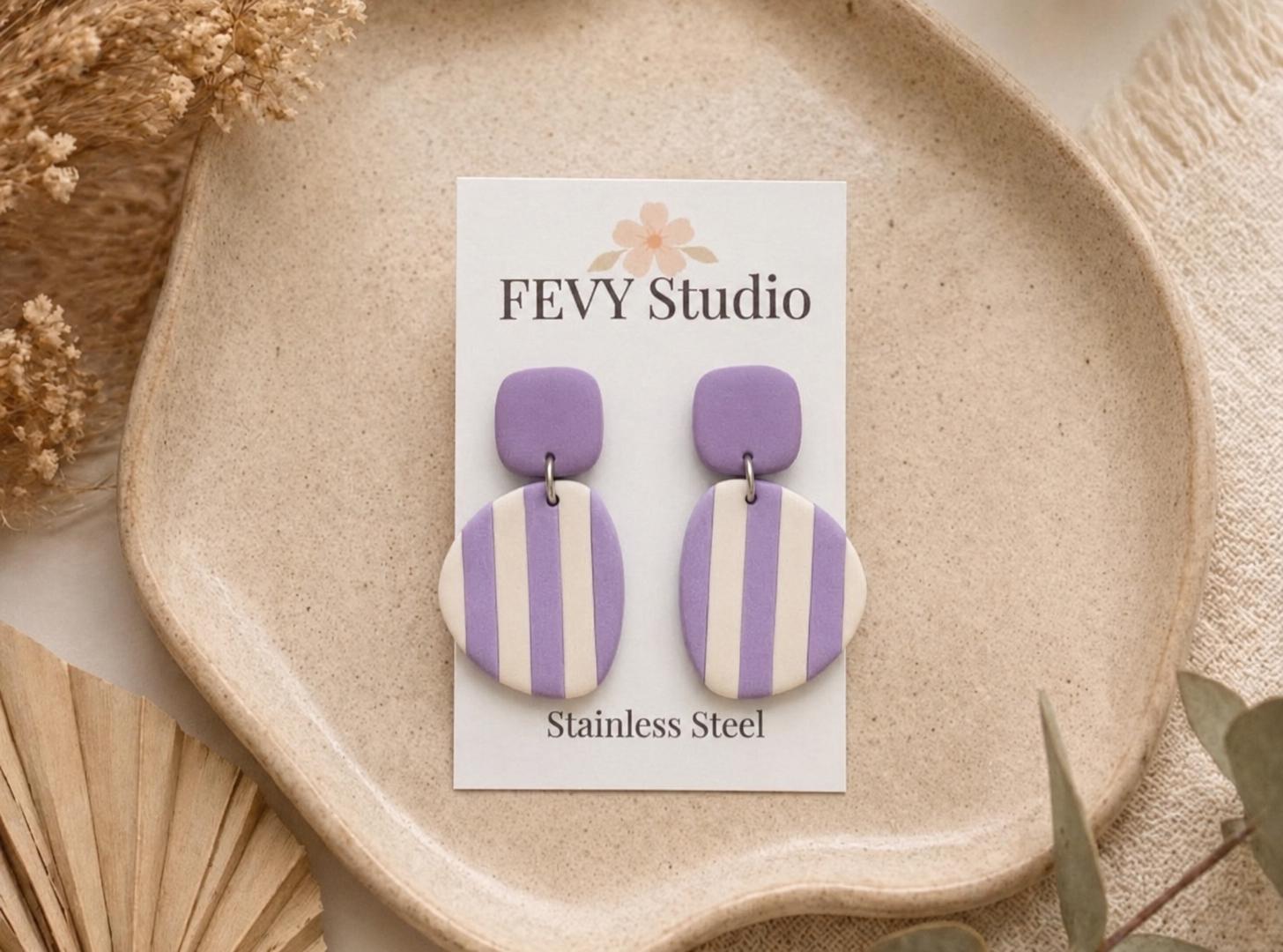 Lavender Stripe Polymer Clay Earrings | Lightweight Modern Dangle Jewelry