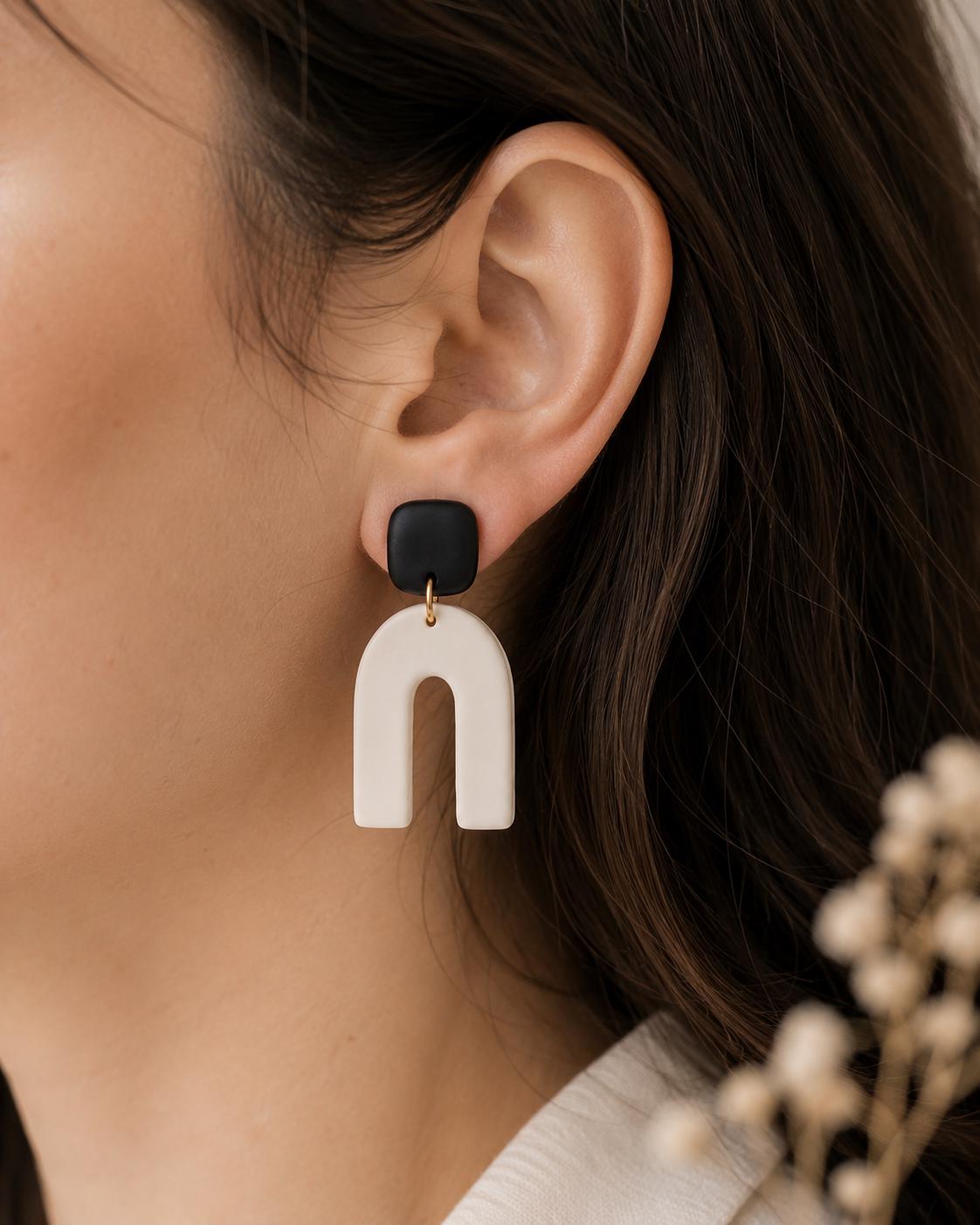 Black and White Arch Earrings | Modern Minimalist Polymer Clay Earrings | Statement Dangle Earrings | Handmade Neutral Jewelry Gift for Her