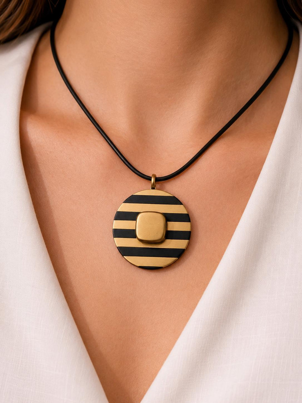 Handmade Polymer Clay Jewelry Set, Black Gold Stripe Modern Boho Necklace Earrings