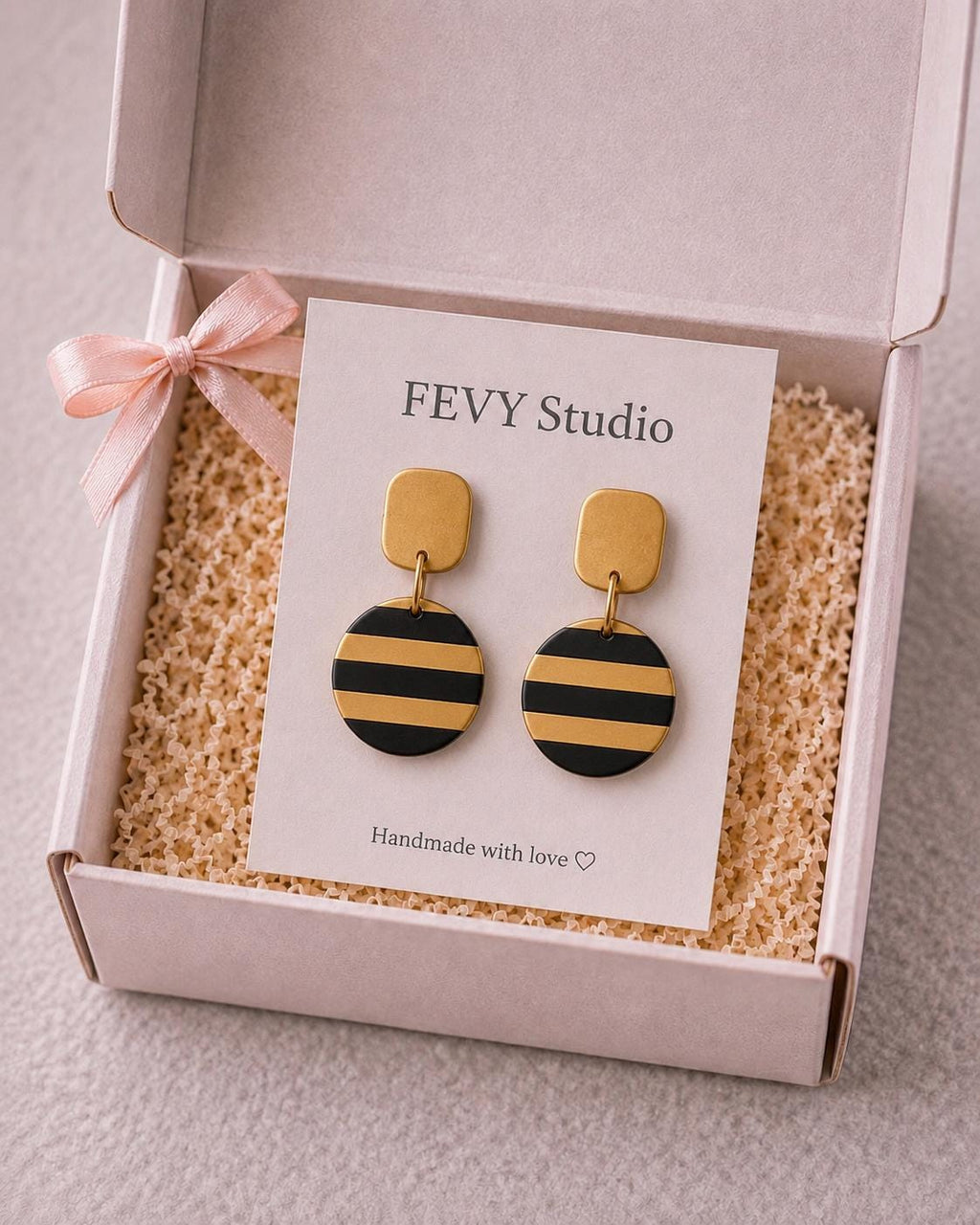 Handcrafted Black Gold Striped Polymer Clay Dangle Earrings | Modern Geometric Statement Jewelry