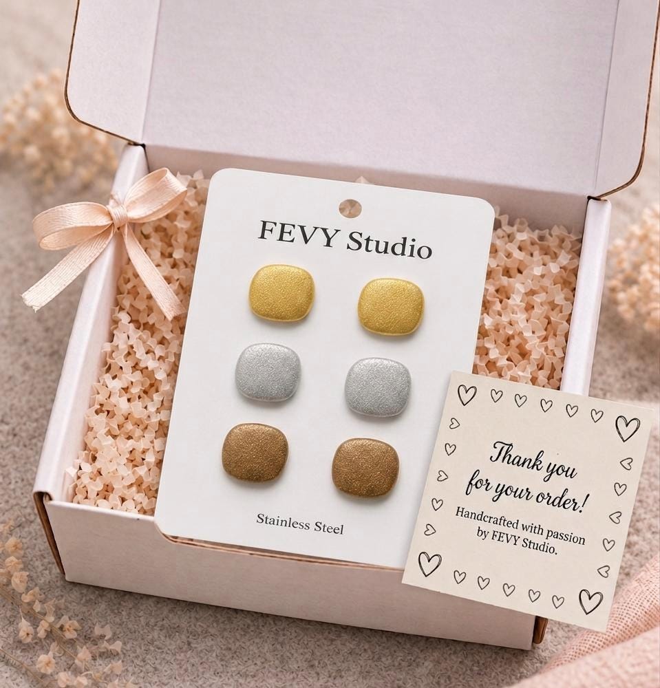 Metallic Stud Earrings Set • Minimalist Polymer Clay, Stainless Steel Posts