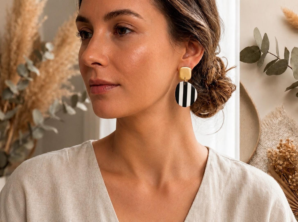 Black White Stripe Polymer Clay Earrings, Gold Accent Geometric Statement, Lightweight Stainless Steel