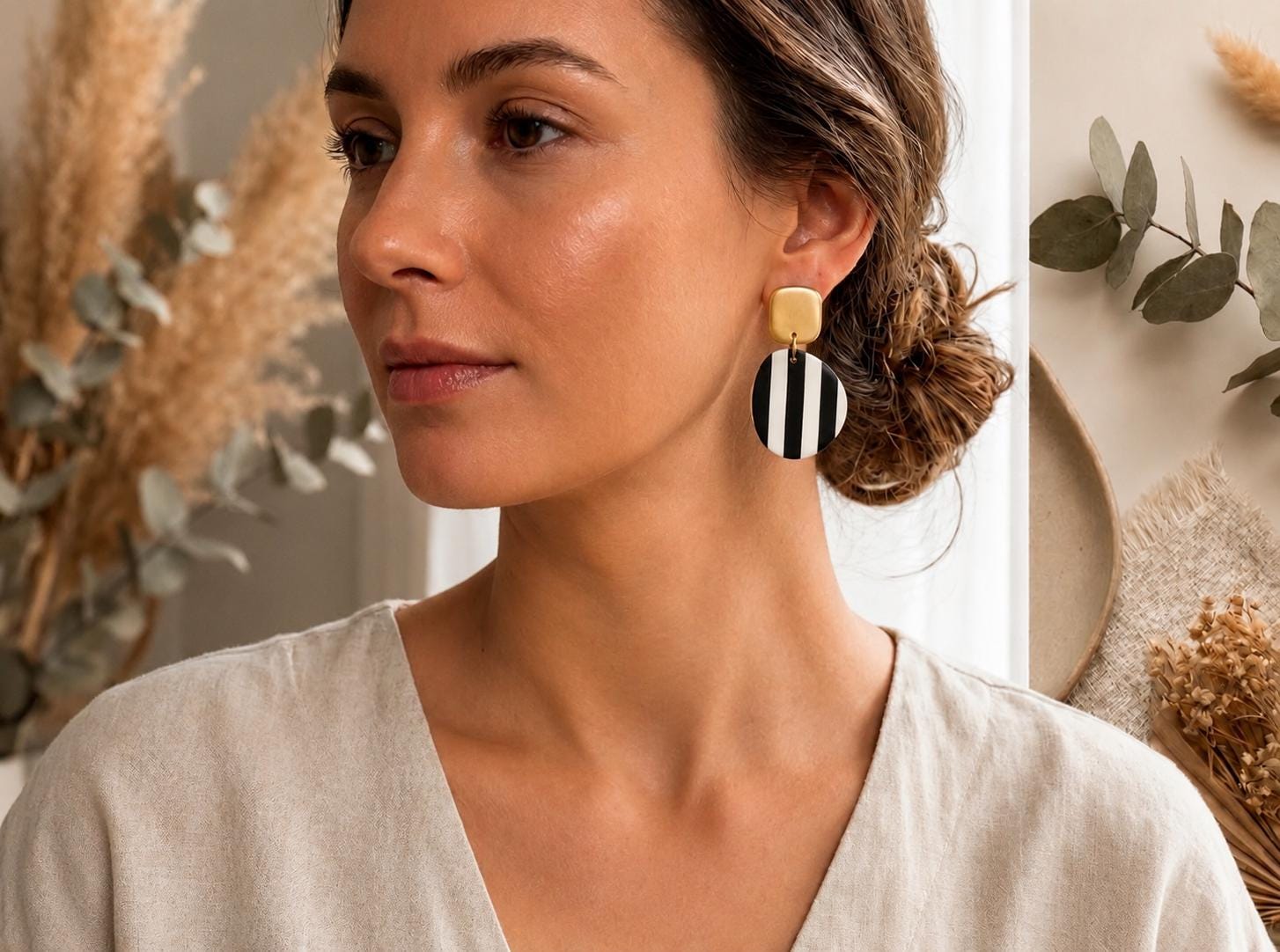 Black White Stripe Polymer Clay Earrings, Gold Accent Geometric Statement, Lightweight Stainless Steel