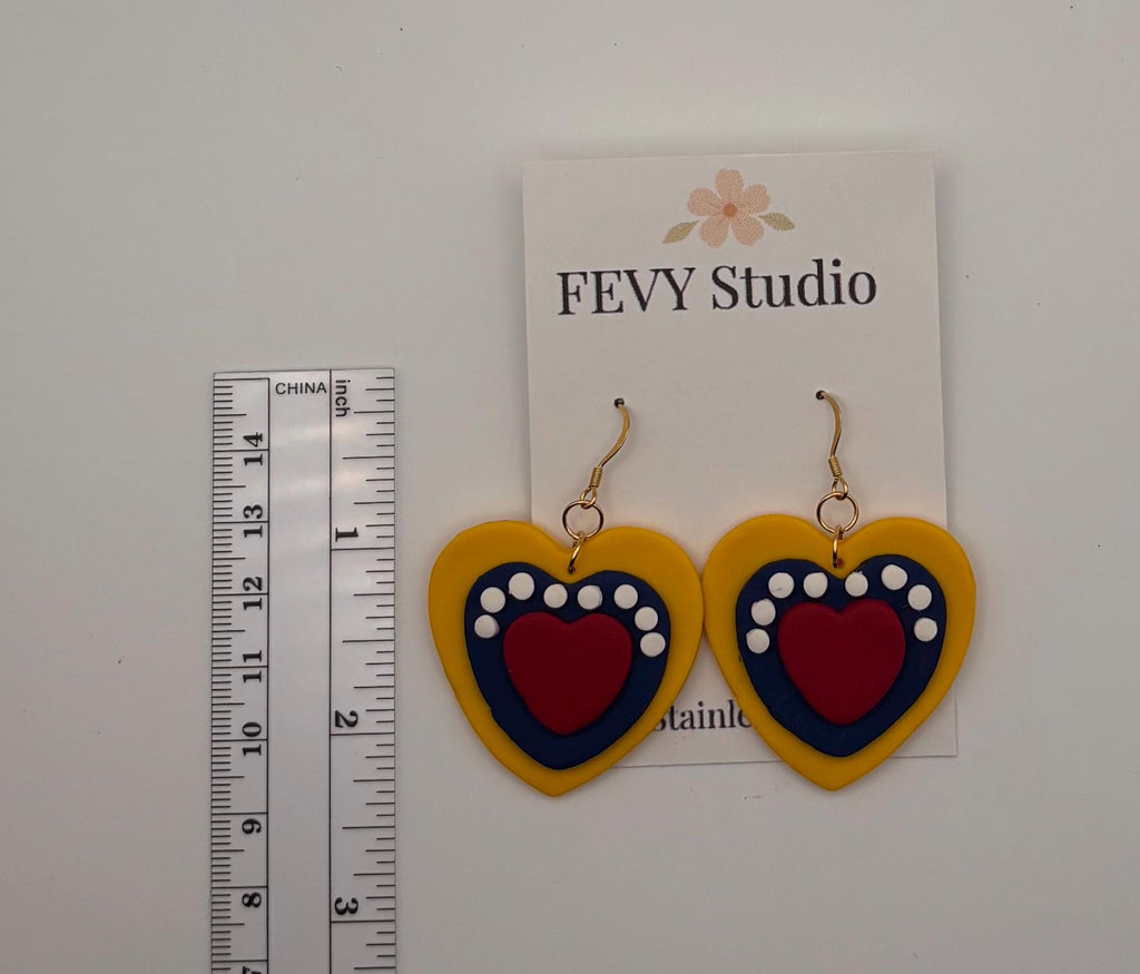 Handmade Polymer Clay Heart Earrings – Venezuelan Flag Colors, Patriotic Dangle Jewelry