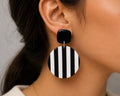 Black White Striped Polymer Clay Statement Earrings, Lightweight Geometric Dangle, Modern Design