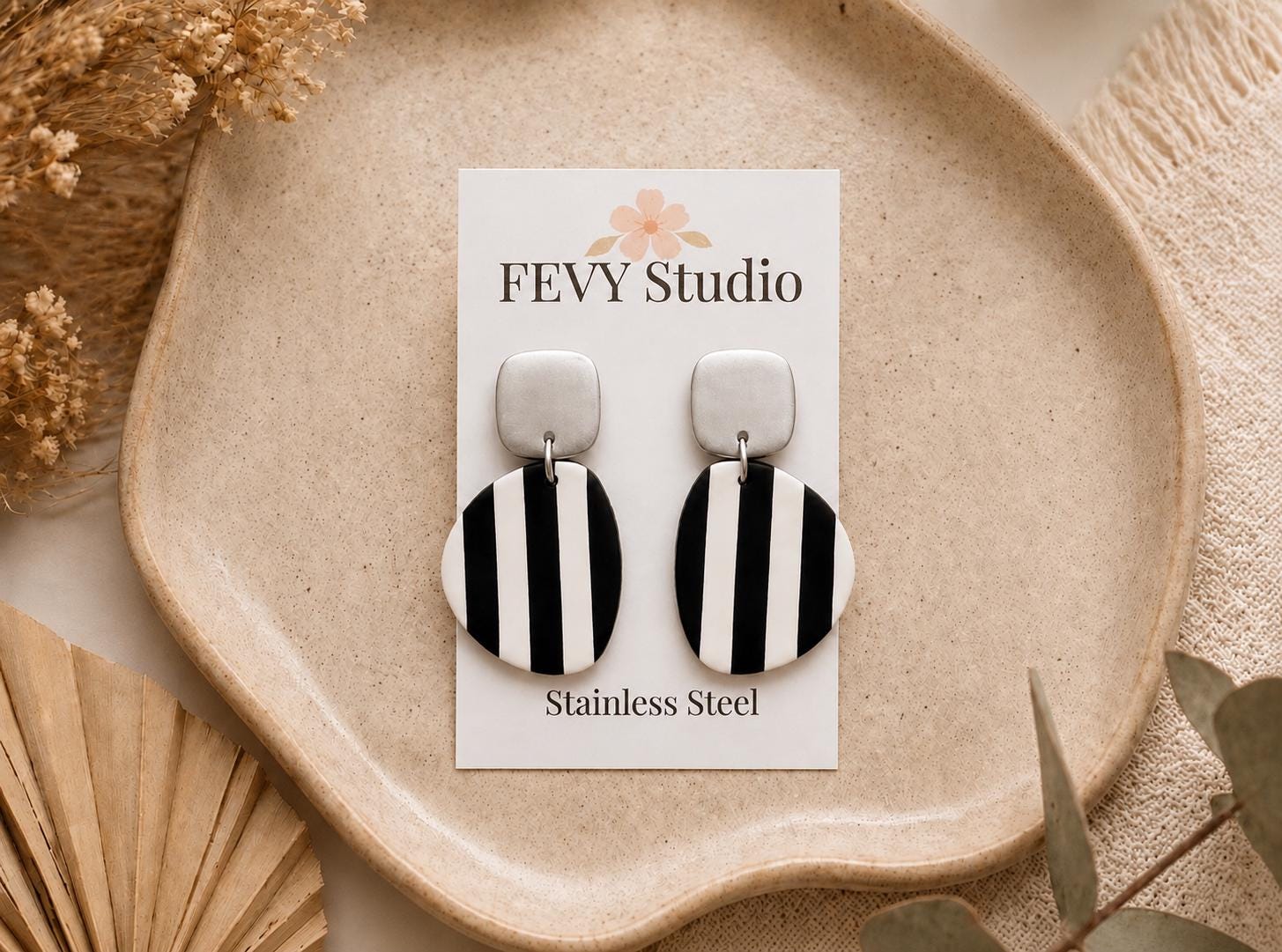 Black White Striped Polymer Clay Dangle Earrings | Modern Geometric Statement Jewelry