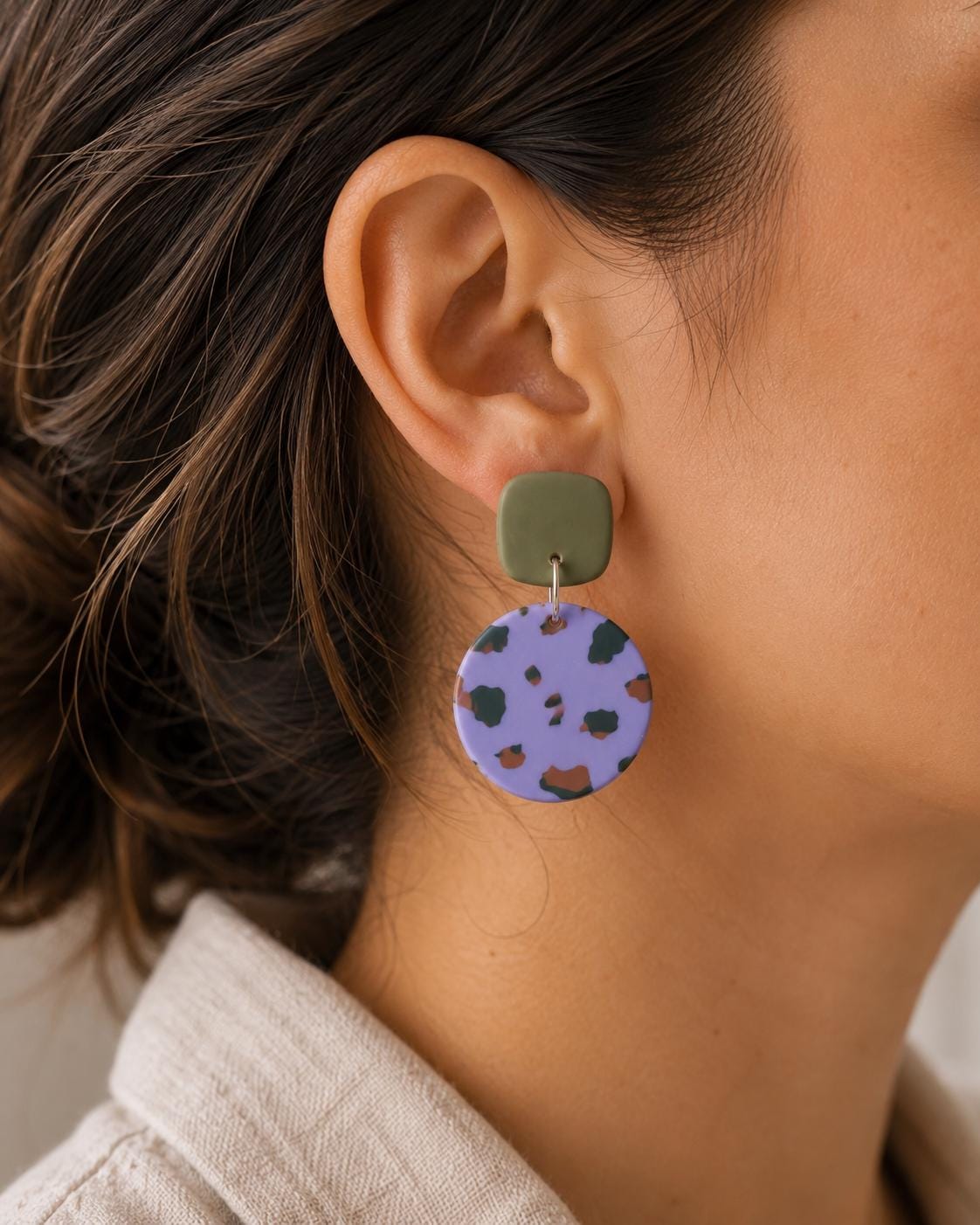 Lavender Terrazzo Statement Earrings | Olive Green Dangle | Lightweight Polymer Clay Jewelry
