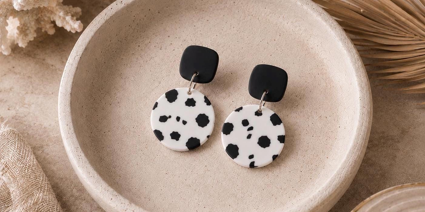 Dalmatian Print Polymer Clay Dangle Earrings, Lightweight Handmade Statement Jewelry