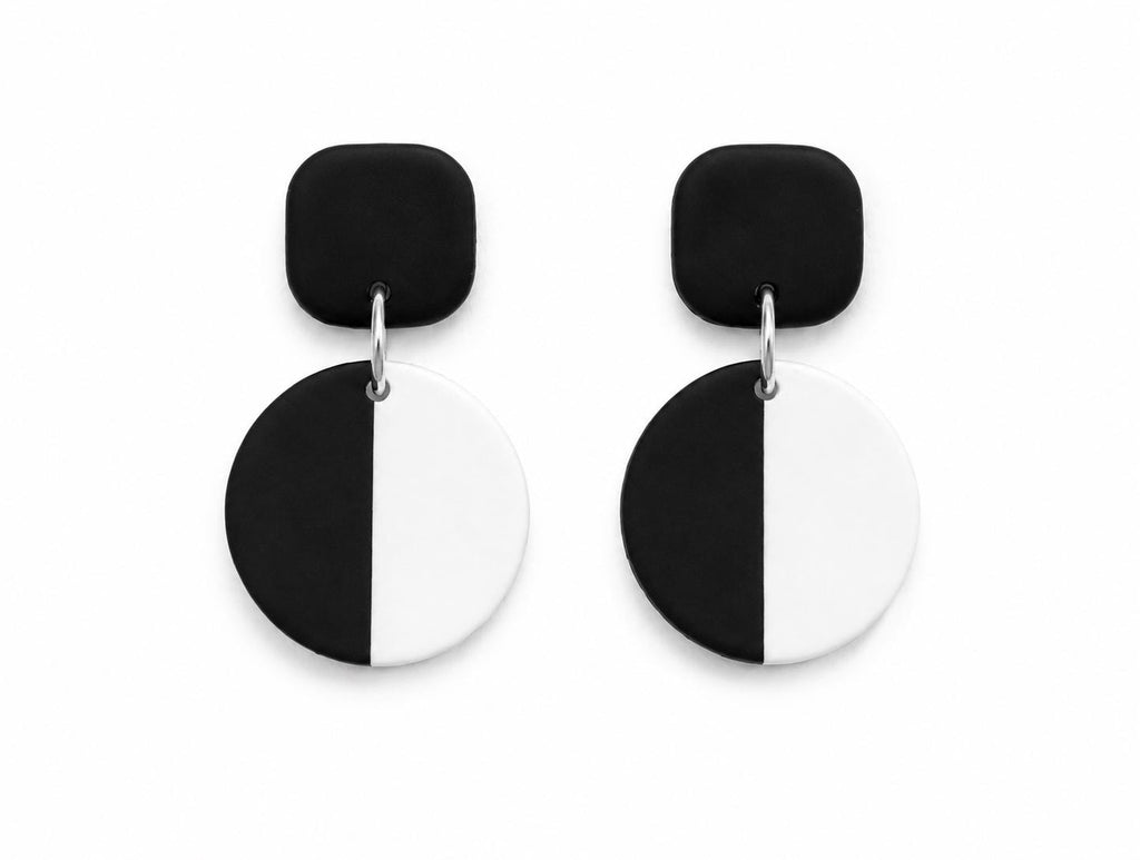 Handmade Black White Geometric Polymer Clay Earrings, Minimalist Statement Jewelry