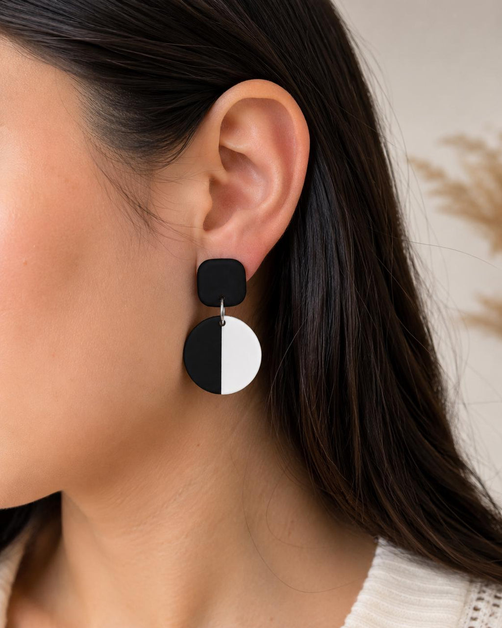 Handmade Black White Geometric Polymer Clay Earrings, Monochrome Dangle Statement Jewelry