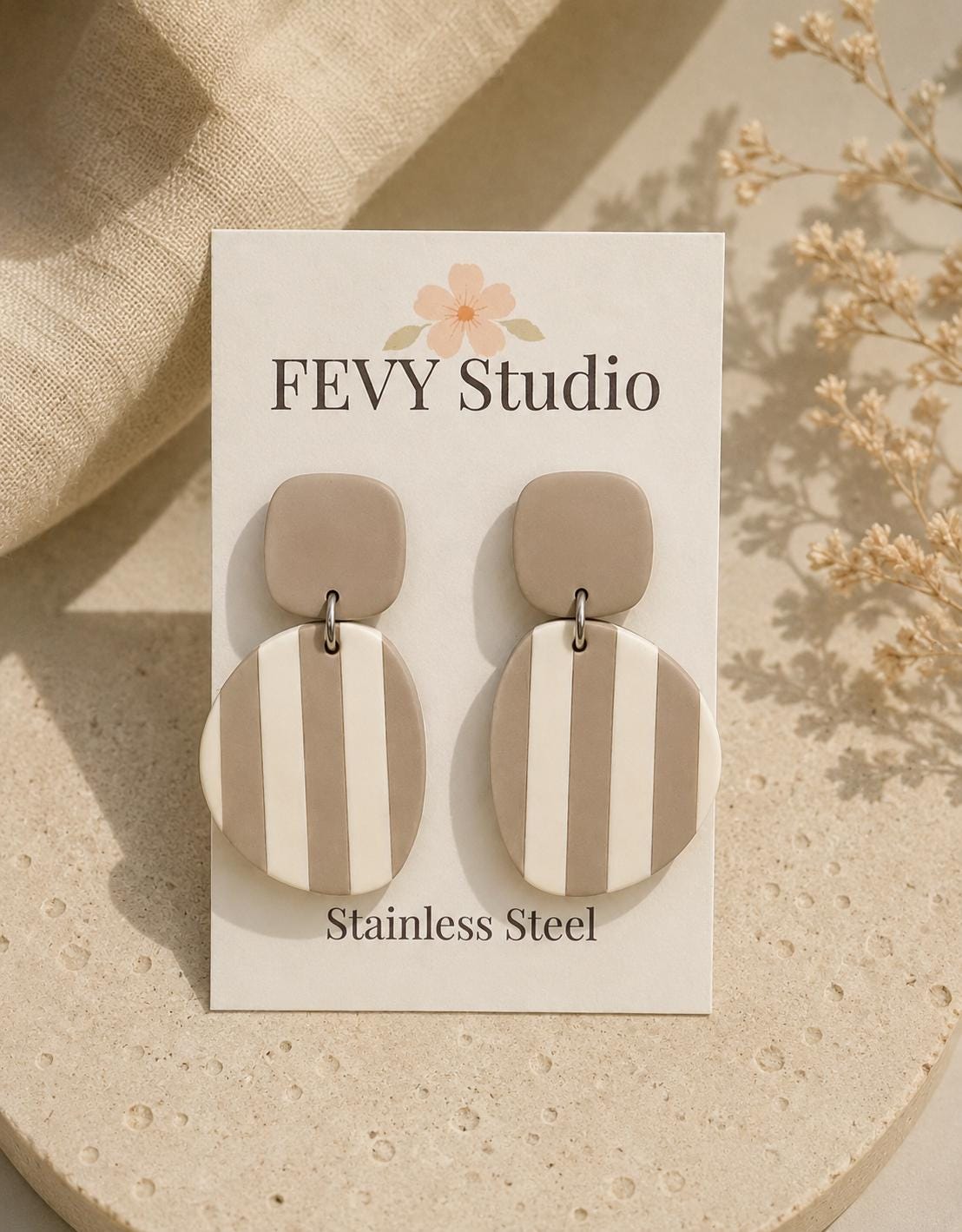 Modern Neutral Statement Earrings | Beige & Ivory Polymer Clay Earrings | Lightweight Stainless Steel Dangles