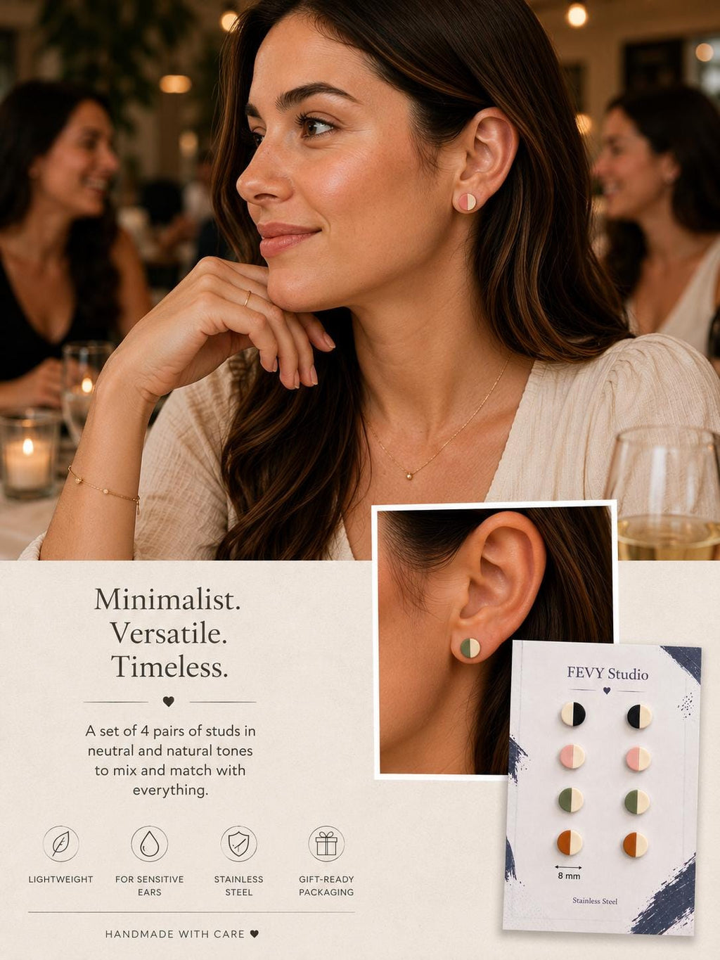 Minimalist Color Block Stud Earrings Set | Polymer Clay, Stainless Steel Posts (8mm)