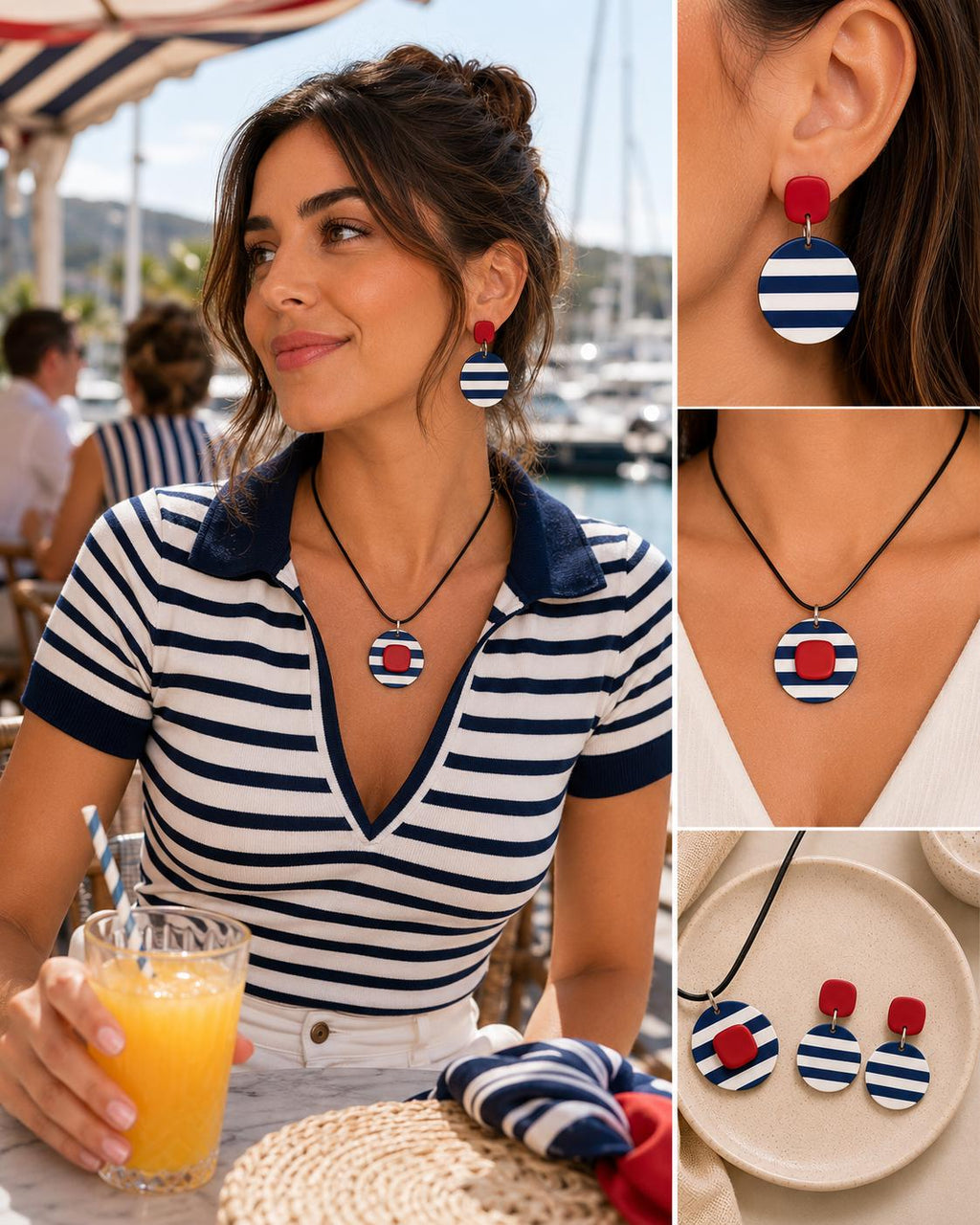 Nautical Polymer Clay Jewelry Set, Navy Blue White Red Stripes Necklace Earrings