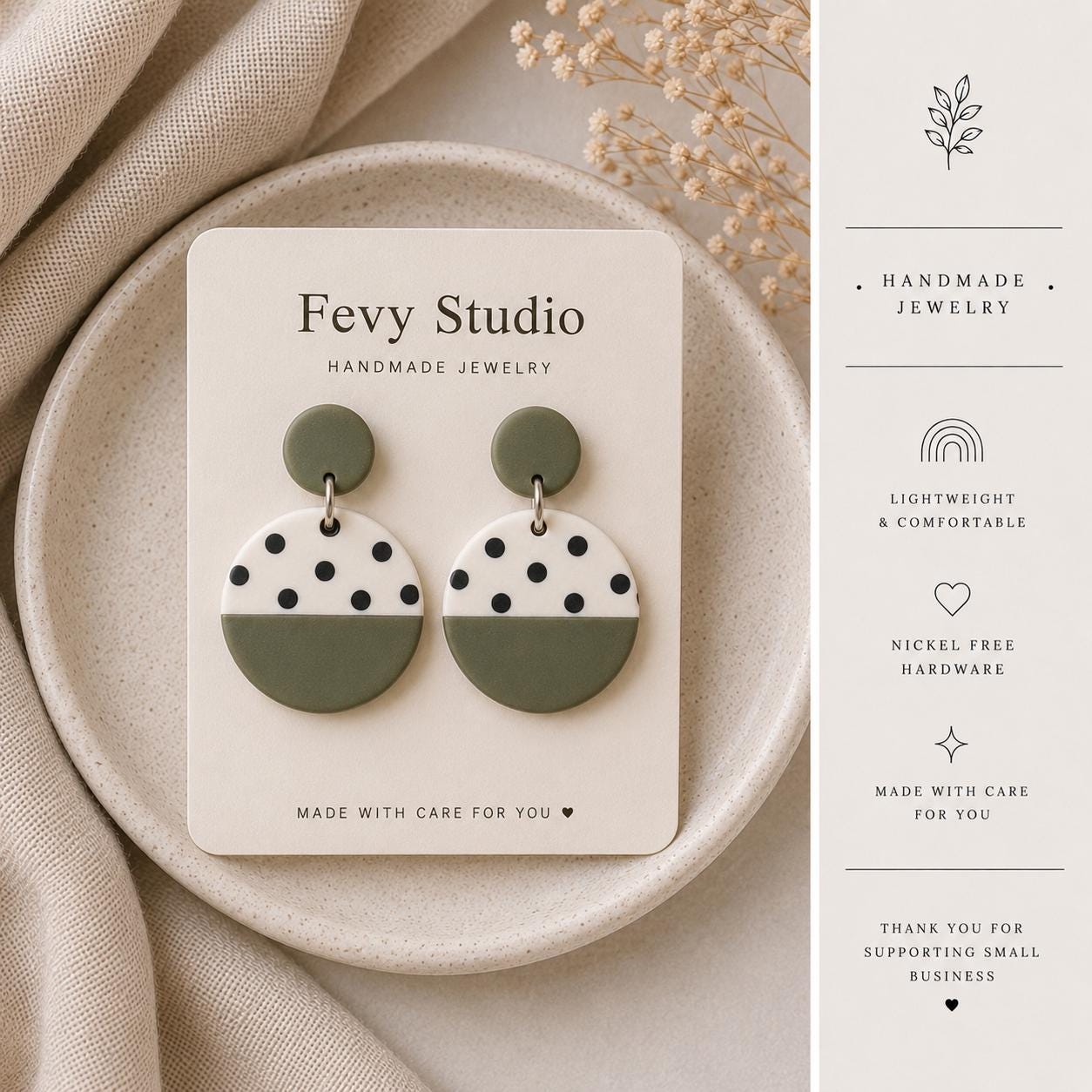 Olive Green Polka Dot Polymer Clay Earrings, Modern Minimalist Dangle Jewelry