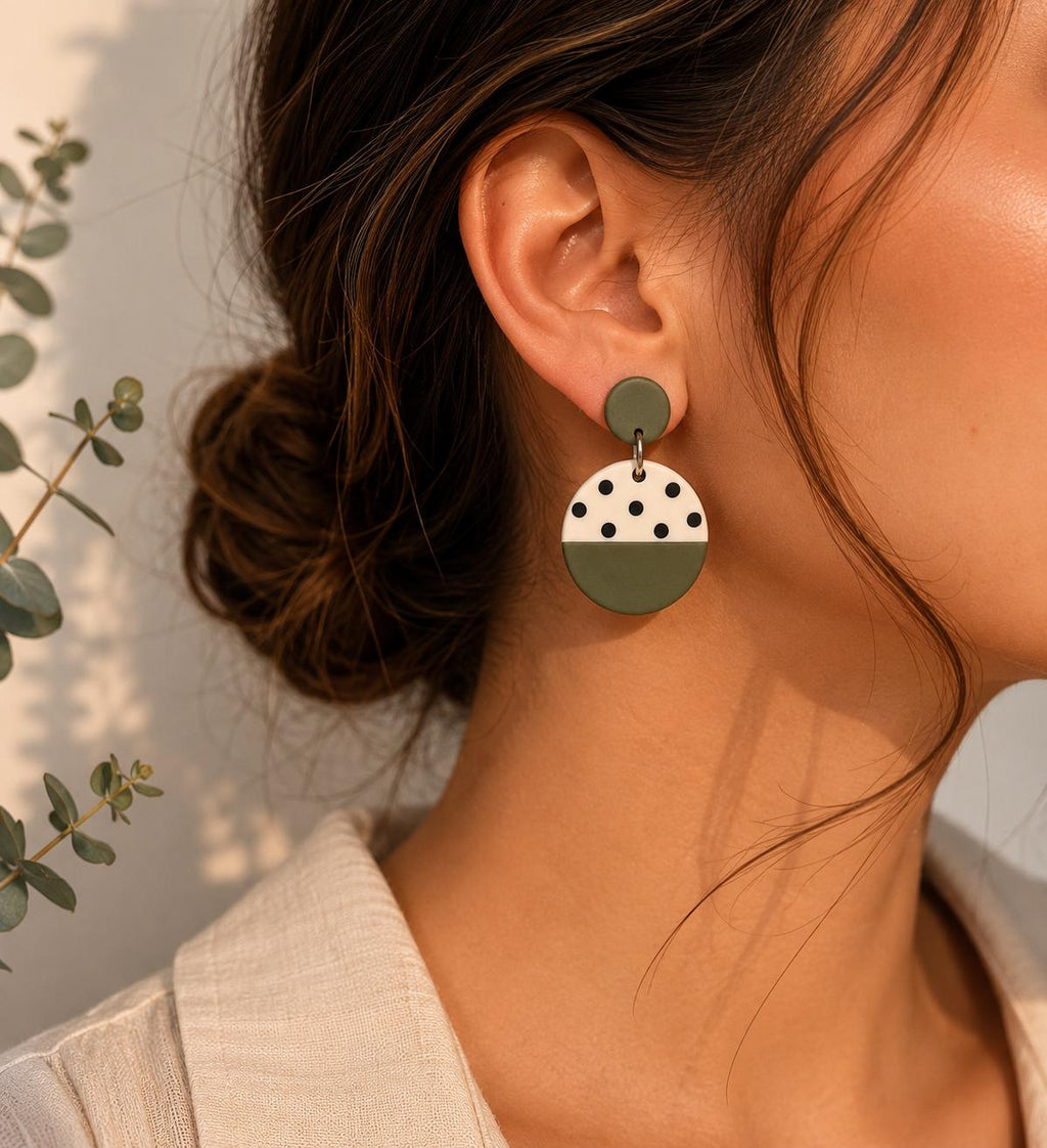 Olive Green Polka Dot Polymer Clay Earrings, Modern Minimalist Dangle Jewelry