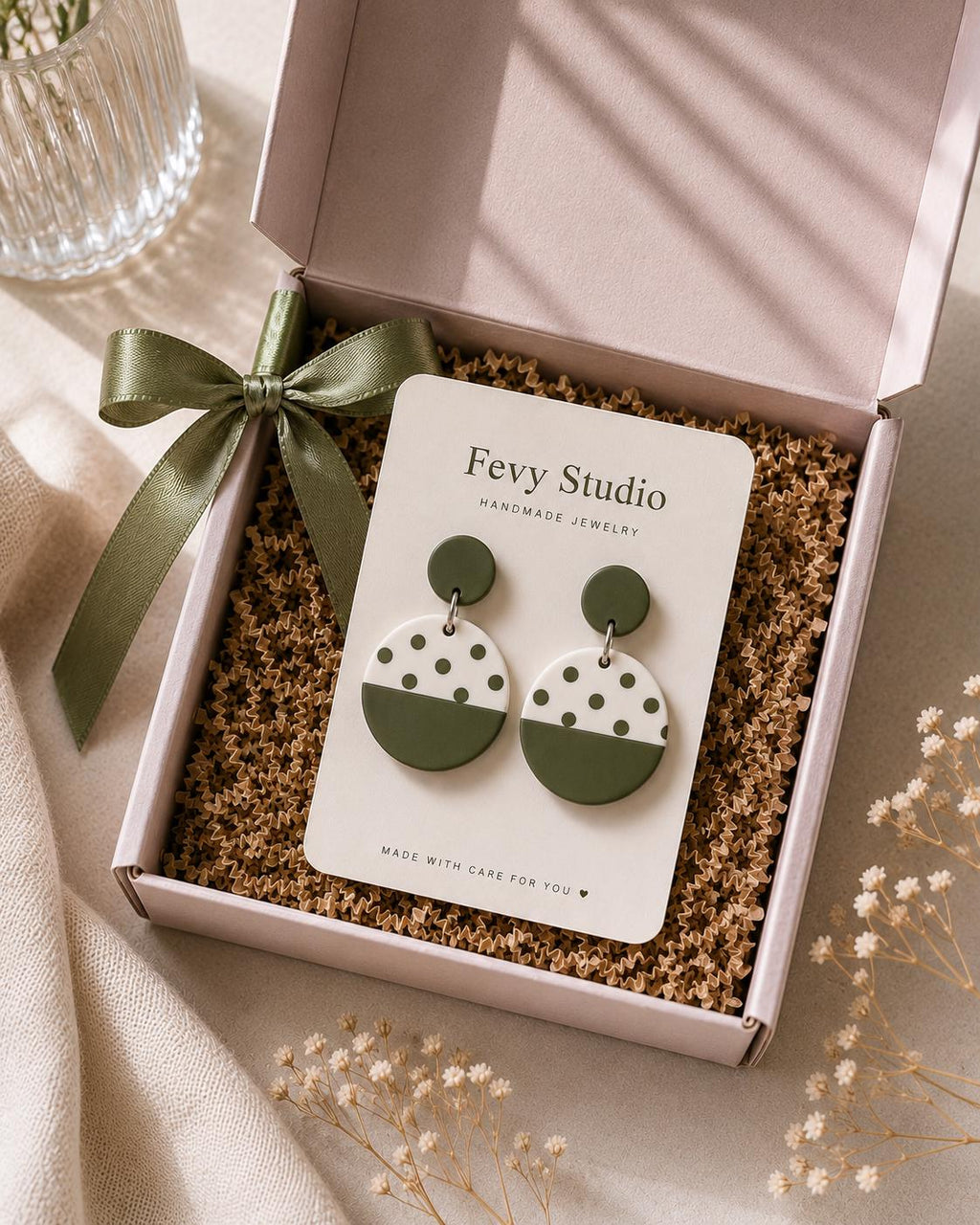 Olive Green Polka Dot Polymer Clay Earrings, Modern Minimalist Dangle Jewelry