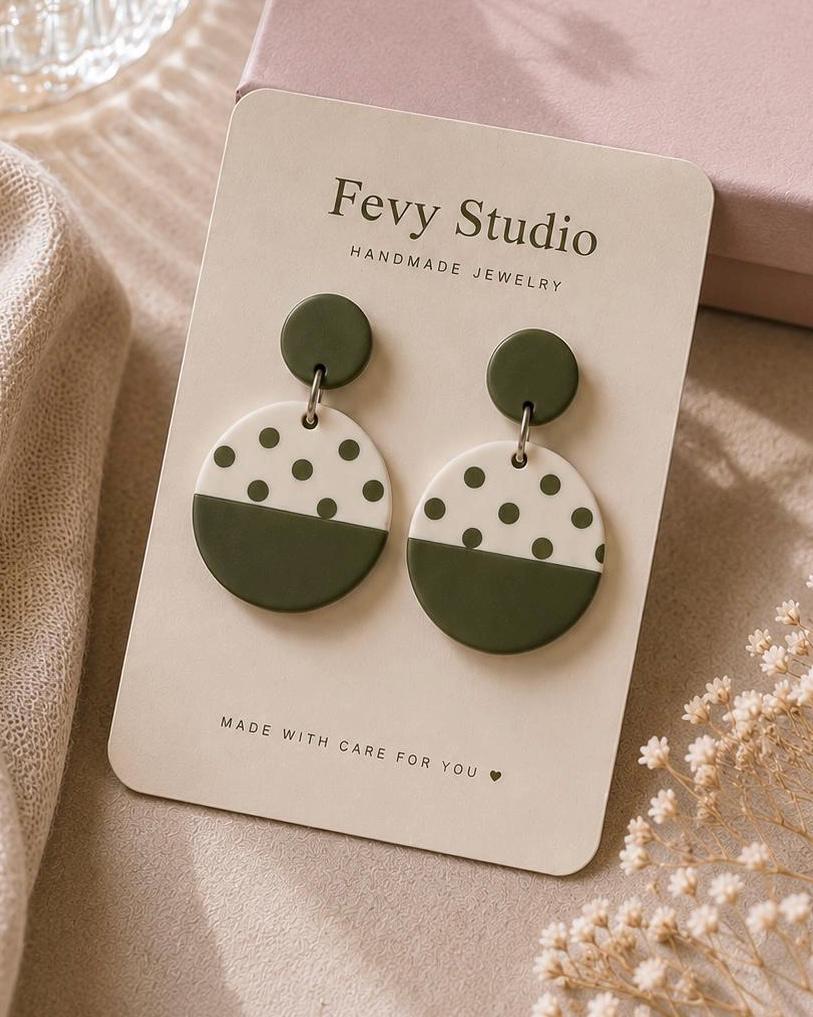 Olive Green Polka Dot Polymer Clay Earrings, Modern Minimalist Dangle Jewelry