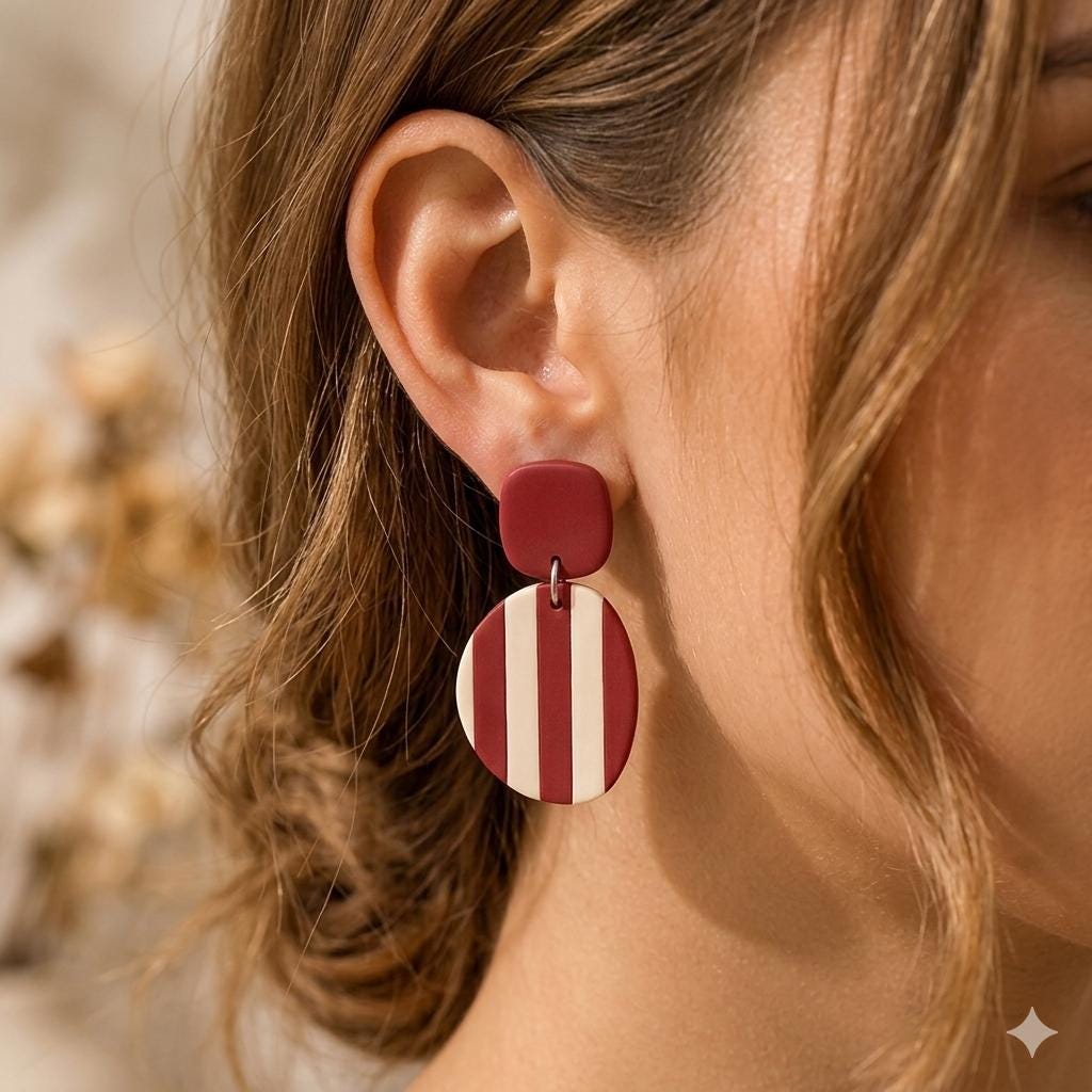 Red Ivory Striped Polymer Clay Dangle Earrings | Lightweight Geometric Statement Jewelry
