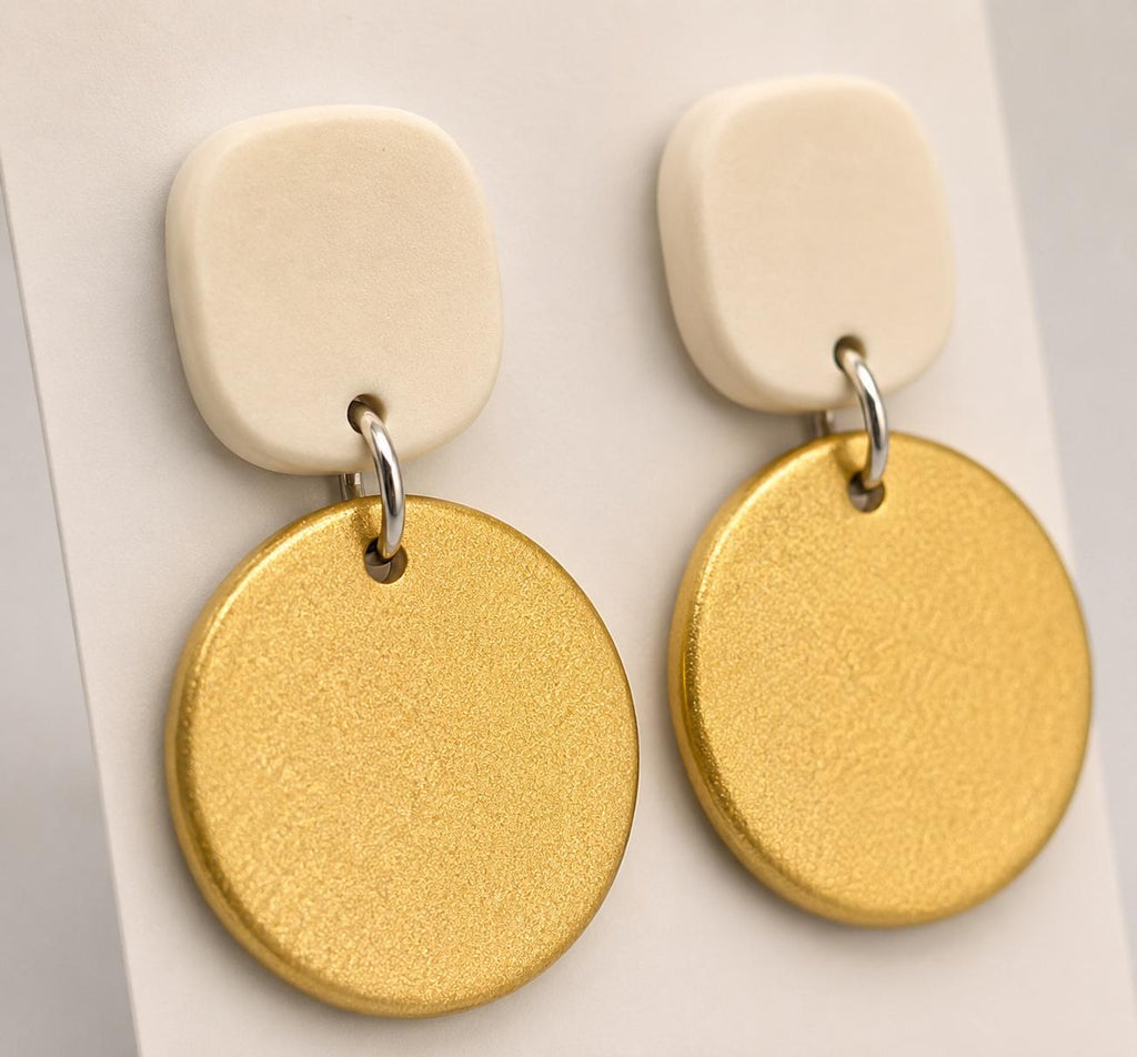 Minimalist Gold & Ivory Statement Earrings | Modern Polymer Clay Earrings | Neutral Dangle Earrings | Lightweight Earrings for Women