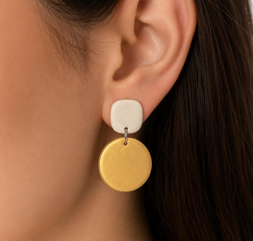 Minimalist Gold & Ivory Statement Earrings | Modern Polymer Clay Earrings | Neutral Dangle Earrings | Lightweight Earrings for Women