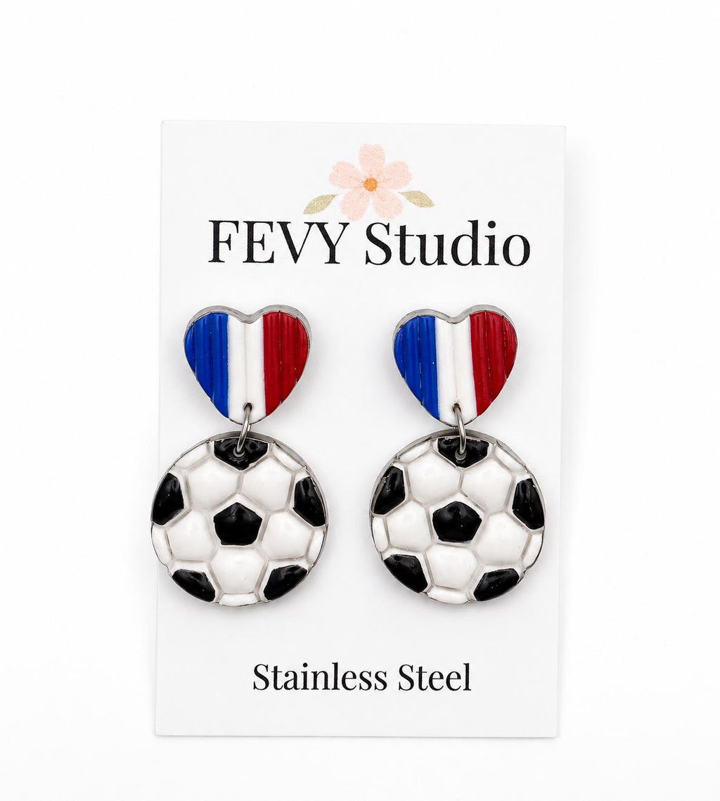 France Soccer Earrings – French Flag Heart Earrings with Soccer Ball Charm – Handmade Polymer Clay Fan Earrings – Lightweight Statement